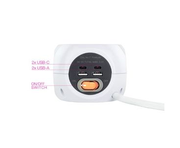 BASE DE 3 ENCHUFES x4USB (2 USB A + 2 USB-C) + INTERRUPTOR BLANCO NANOCABLE